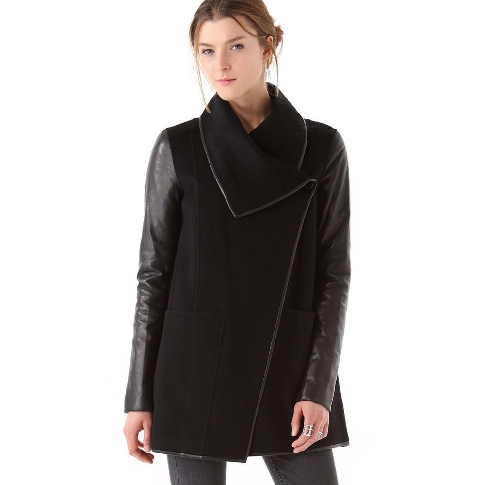 Mackage Women's Black Wool Coat with Leather Sleeves. XXS
